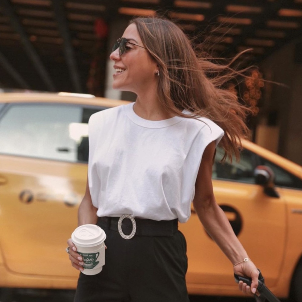 Cotton Padded Shoulders White Muscle Tee Shirt - Picture 3 of 15